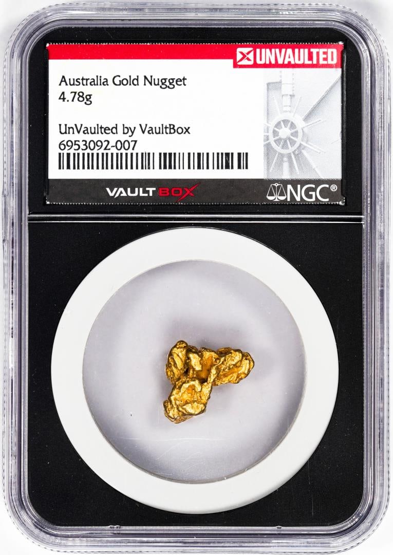 4.78 Gram Australia Gold Nugget NGC Vaultbox Unvaulted: One 4.78 Gram Australia Gold Nugget NGC Vaultbox Unvaulted. NGC Certified.