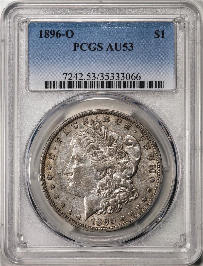1896-O $1 Morgan Silver Dollar Coin PCGS AU53: One 1896-O $1 Morgan Silver Dollar Coin PCGS AU53. PCGS Graded.