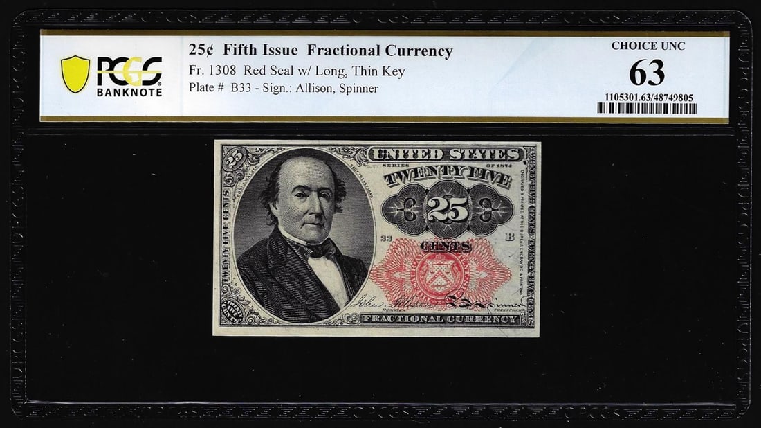 1874 Fifth Issue Twenty-Five Cents Fractional Currency Note Fr.1308 PCGS Choice Unc 63: One 1874 Fifth Issue Twenty-Five Cents Fractional Currency Note Fr.1308 PCGS Choice Unc 63. PCGS Graded.