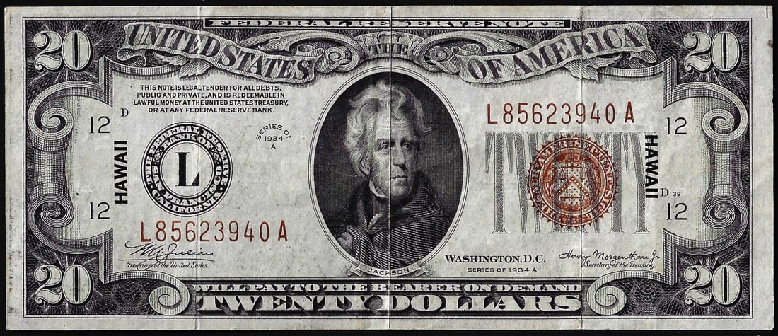 1934A $20 Hawaii WWII Emergency Issue Federal Reserve Note: One 1934A $20 Hawaii WWII Emergency Issue Federal Reserve Note.
