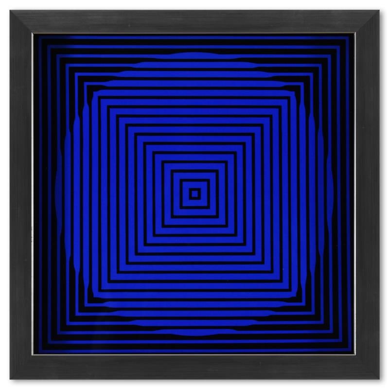 Victor Vasarely "Beta De La Serie Vonal" Mixed Media Print On Paper: "Beta de la Serie Vonal" is a heliogravure print on paper, published in 1971, by Victor Vasarely (1908-1997). This piece comes custom framed, with a letter of authenticity and with a 1976 Vasarely pap