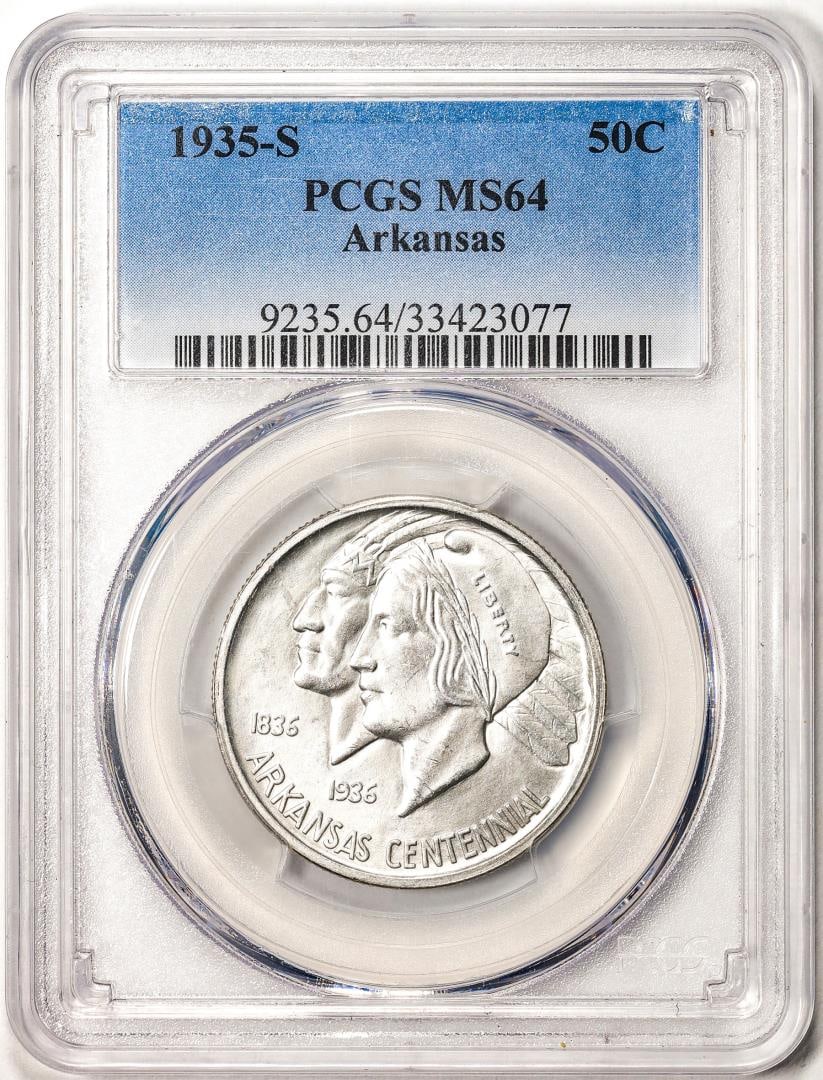1935-S Arkansas Centennial Commemorative Half Dollar Coin PCGS MS64: One 1935-S Arkansas Centennial Commemorative Half Dollar Coin PCGS MS64. PCGS Graded.
