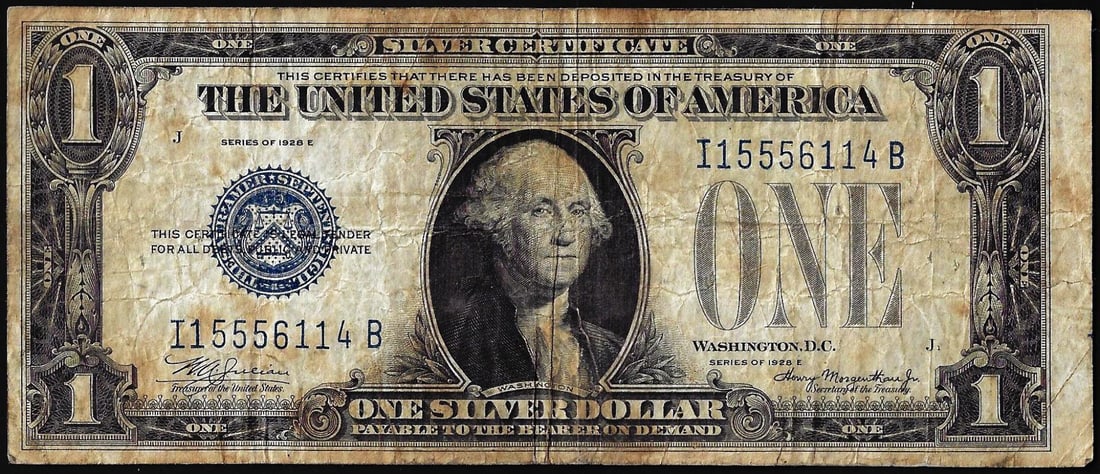 1928E $1 Funnyback Silver Certificate Note: One 1928E $1 Funnyback Silver Certificate Note.