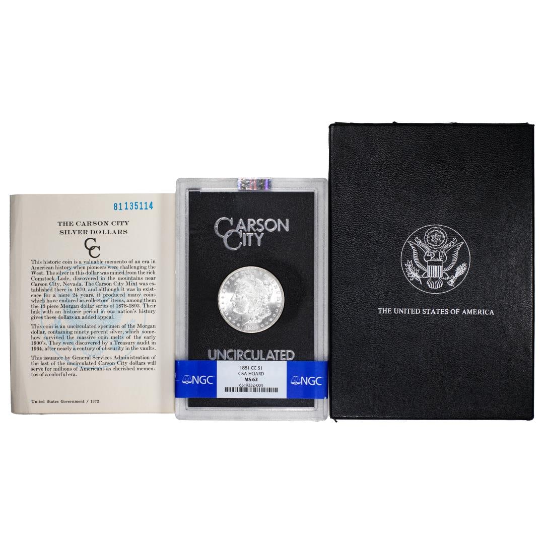 1881-CC $1 Morgan Silver Dollar Coin GSA Hoard Uncirculated NGC MS62 w/Box & COA: One 1881-CC $1 Morgan Silver Dollar Coin GSA Hoard Uncirculated NGC MS62 w/Box & COA. NGC Certified.
