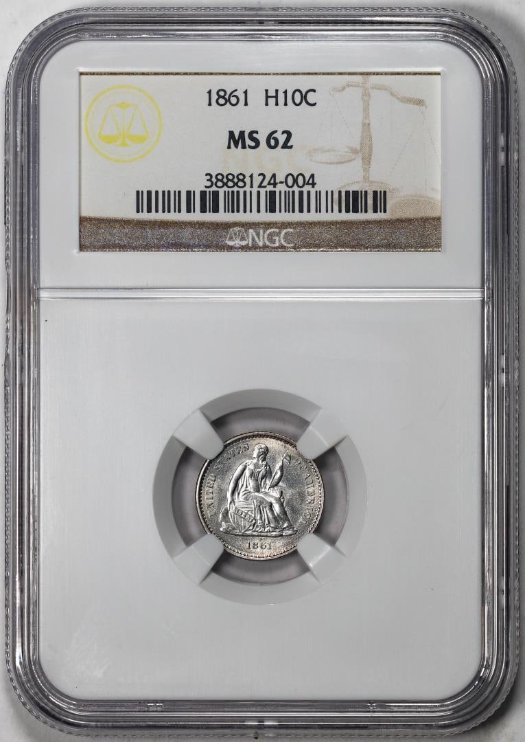 1861 Seated Liberty Half Dime Coin NGC MS62: One 1861 Seated Liberty Half Dime Coin NGC MS62. NGC Certified.