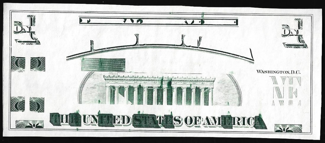 Circa 1970's Lincoln Memorial Giori Test Ink Smear Error Note: One Circa 1970's Lincoln Memorial Giori Test Ink Smear Error Note.