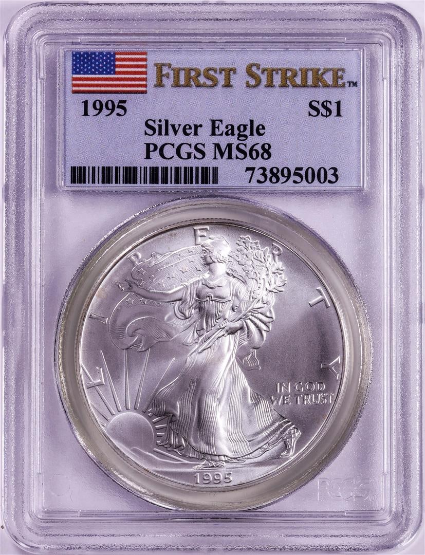 1995 $1 American Silver Eagle Coin PCGS MS68 First Strike: One 1995 $1 American Silver Eagle Coin PCGS MS68 First Strike. PCGS Graded.
