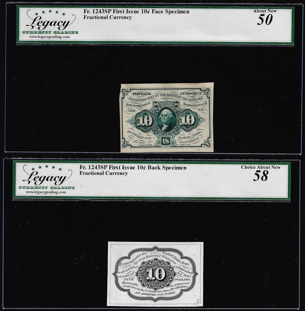 (2) Specimen 1st Issue 10 Cent Fractional Notes Fr.1243sp Legacy About New 50/58: One (2) Specimen 1st Issue 10 Cent Fractional Notes Fr.1243sp Legacy About New 50/58. Legacy Graded.