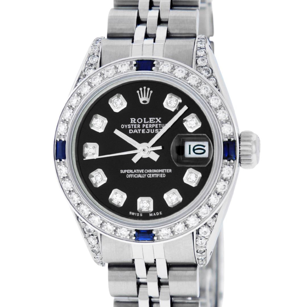 Rolex Ladies Stainless Steel Sapphire and Diamond Datejust Wristwatch: One Ladies Pre Owned Quickset Stainless Steel Rolex Datejust Polished Bright with Satin Finish, Serviced And Electronically Tested, Stainless Steel Case: 26mm, Stainless Steel Crown, Custom Diamond Lu