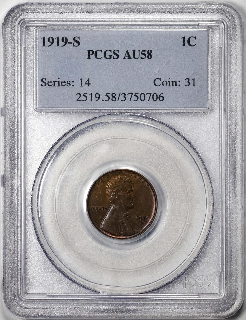 1919-S Lincoln Wheat Cent Coin PCGS AU58: One 1919-S Lincoln Wheat Cent Coin PCGS AU58. PCGS Graded.
