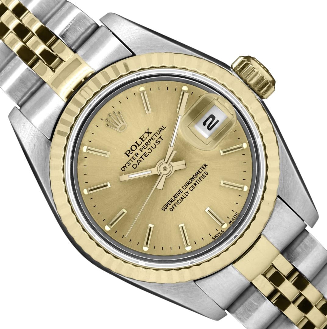 Rolex Ladies Two Tone Champagne Index Datejust Wristwatch With Rolex Box: Rolex Ladies Pre Owned Sapphire Quickset 18K Yellow Gold and Stainless Steel Two Tone Datejust Polished Bright with Satin Finish, Serviced & Electronically Tested, Rolex Stainless Steel Case: 26mm, Ro