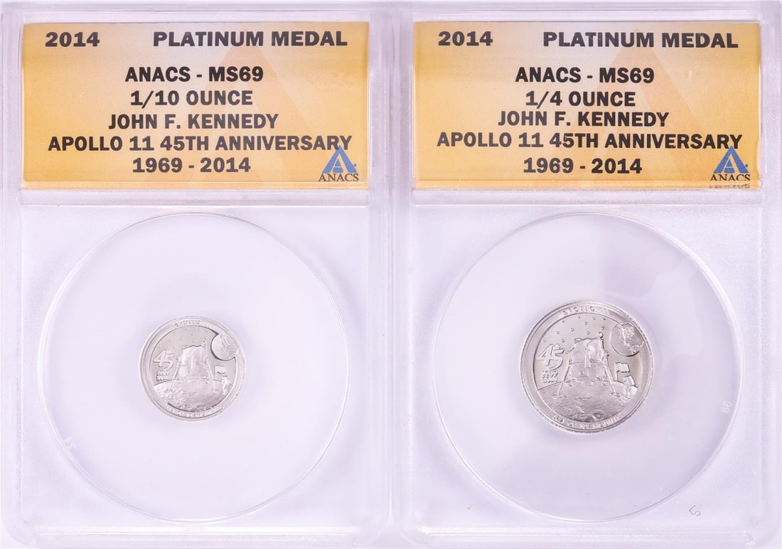 Set of 2014 Proof 1/10 & 1/4 oz Platinum JFK Apollo 11 Anniversary Medals ANACS MS69: One Set of 2014 Proof 1/10 & 1/4 oz Platinum JFK Apollo 11 Anniversary Medals ANACS MS69. ANACS Certified.