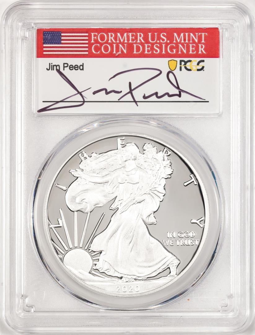 2020-W $1 Proof American Silver Eagle Coin PCGS PR70DCAM FDOI Jim Peed Signed: One 2020-W $1 Proof American Silver Eagle Coin PCGS PR70DCAM FDOI Jim Peed Signed. PCGS Graded.
