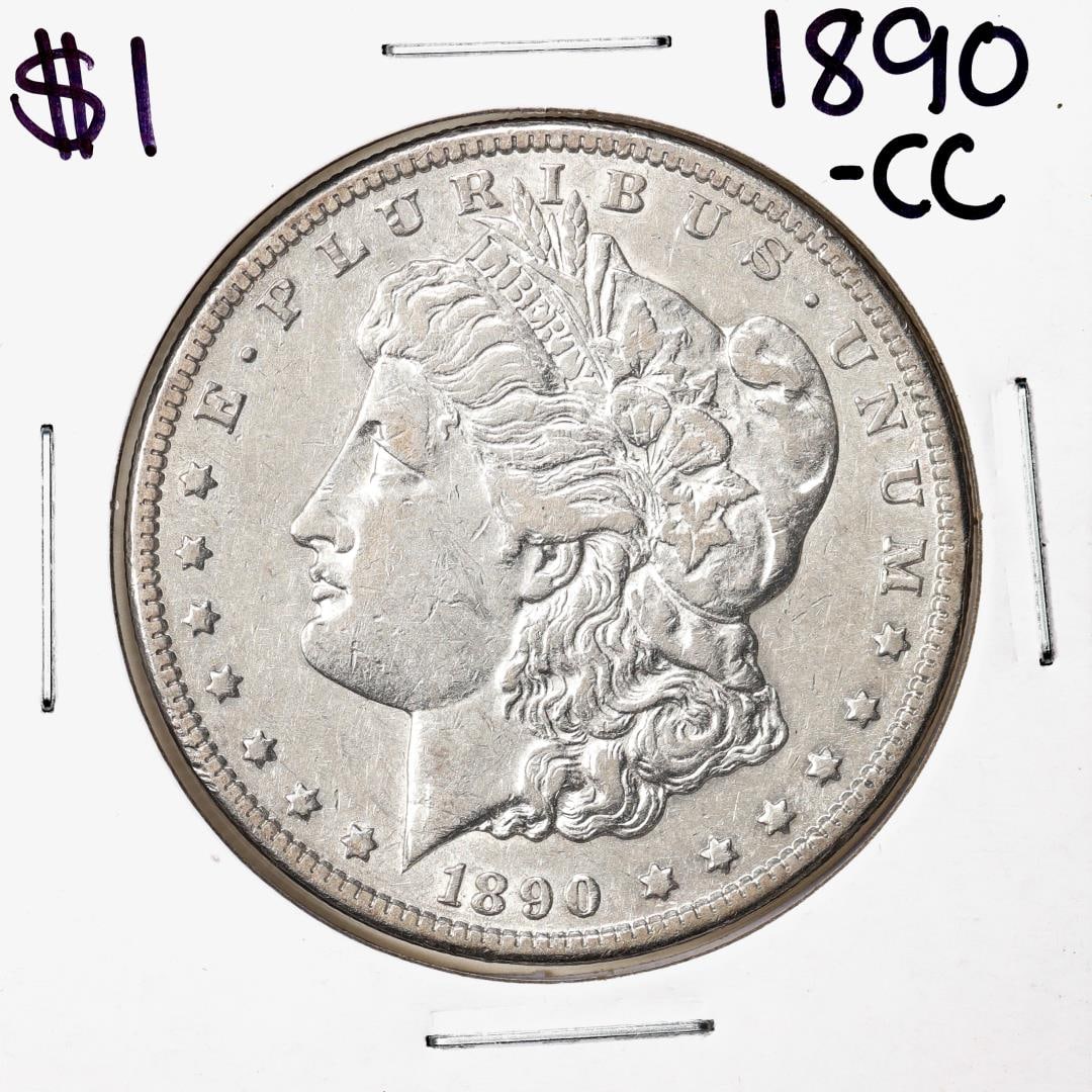 1890-CC $1 Morgan Silver Dollar Coin: One 1890-CC $1 Morgan Silver Dollar Coin.