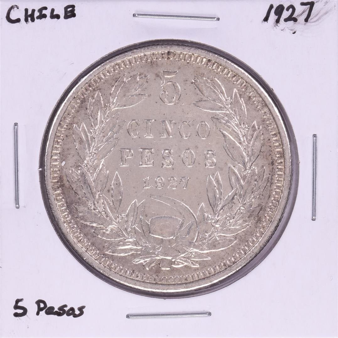 1927 Chile 5 Pesos Silver Coin: One 1927 Chile 5 Pesos Silver Coin.