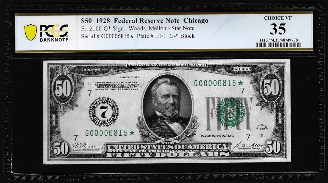 1928 $50 Federal Reserve STAR Note Chicago Fr.2100-G* PCGS Choice VF 35: One 1928 $50 Federal Reserve STAR Note Chicago Fr.2100-G* PCGS Choice VF 35. PCGS Graded.