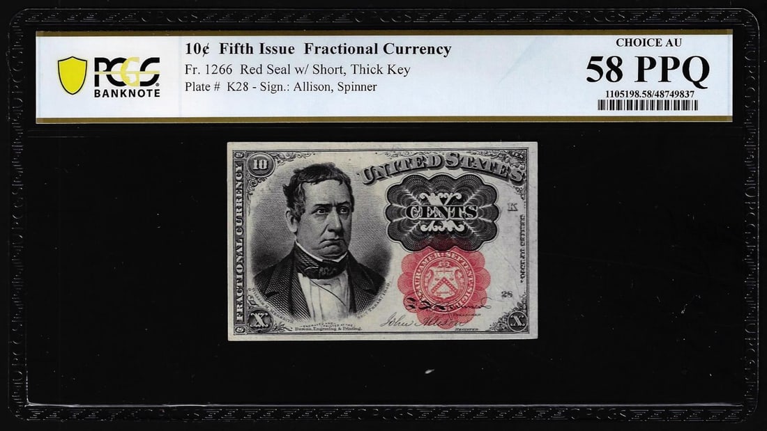 1874 Fifth Issue Ten Cents Fractional Currency Note Fr.1266 PCGS Choice AU 58PPQ: One 1874 Fifth Issue Ten Cents Fractional Currency Note Fr.1266 PCGS Choice AU 58PPQ. PCGS Graded.