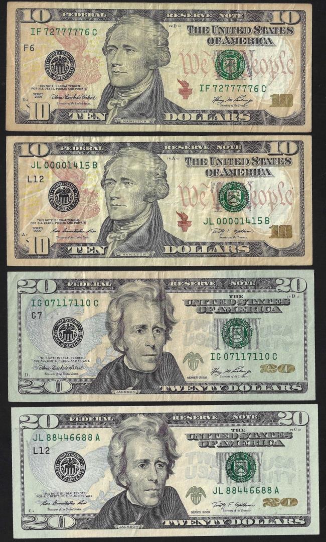 Lot of (4) 2006/2009 $10 & $20 Federal Reserve Note Fancy Trinary Serial Numbers: One Lot of (4) 2006/2009 $10 & $20 Federal Reserve Note Fancy Trinary Serial Numbers.