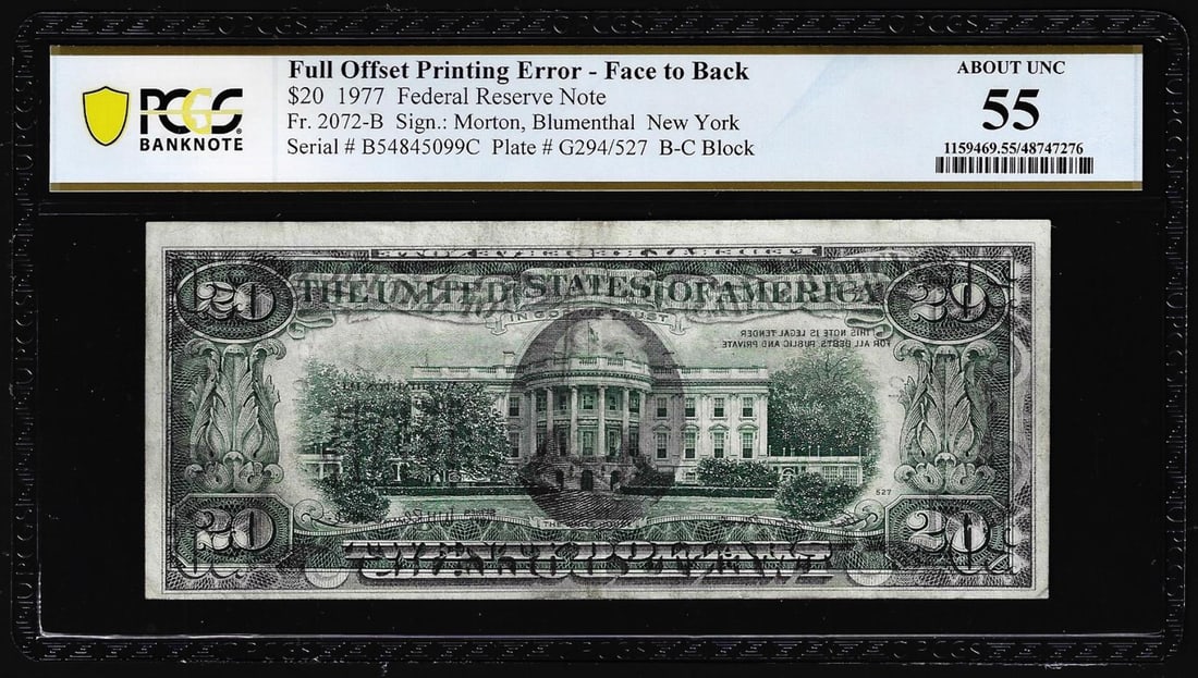 1977 $20 Federal Reserve Note Fr.2072-B Full Offset Printing Error PCGS About Unc 55: One 1977 $20 Federal Reserve Note Fr.2072-B Full Offset Printing Error PCGS About Unc 55. PCGS Graded.
