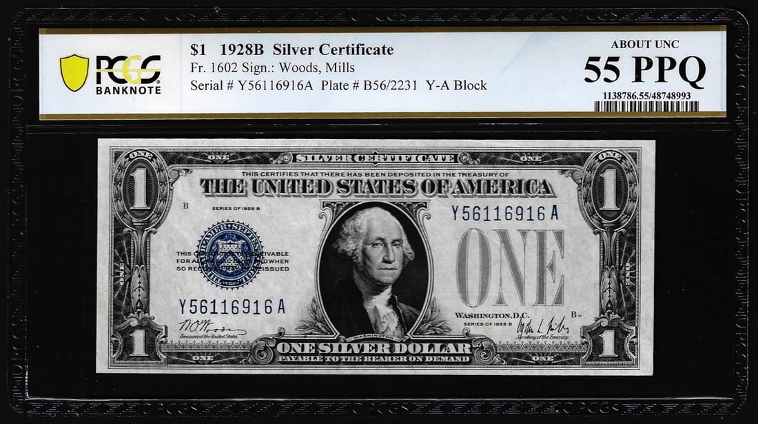 1928B $1 Funnyback Silver Certificate Note Fr.1602 PCGS About Uncirculated 55PPQ: One 1928B $1 Funnyback Silver Certificate Note Fr.1602 PCGS About Uncirculated 55PPQ. PCGS Graded.