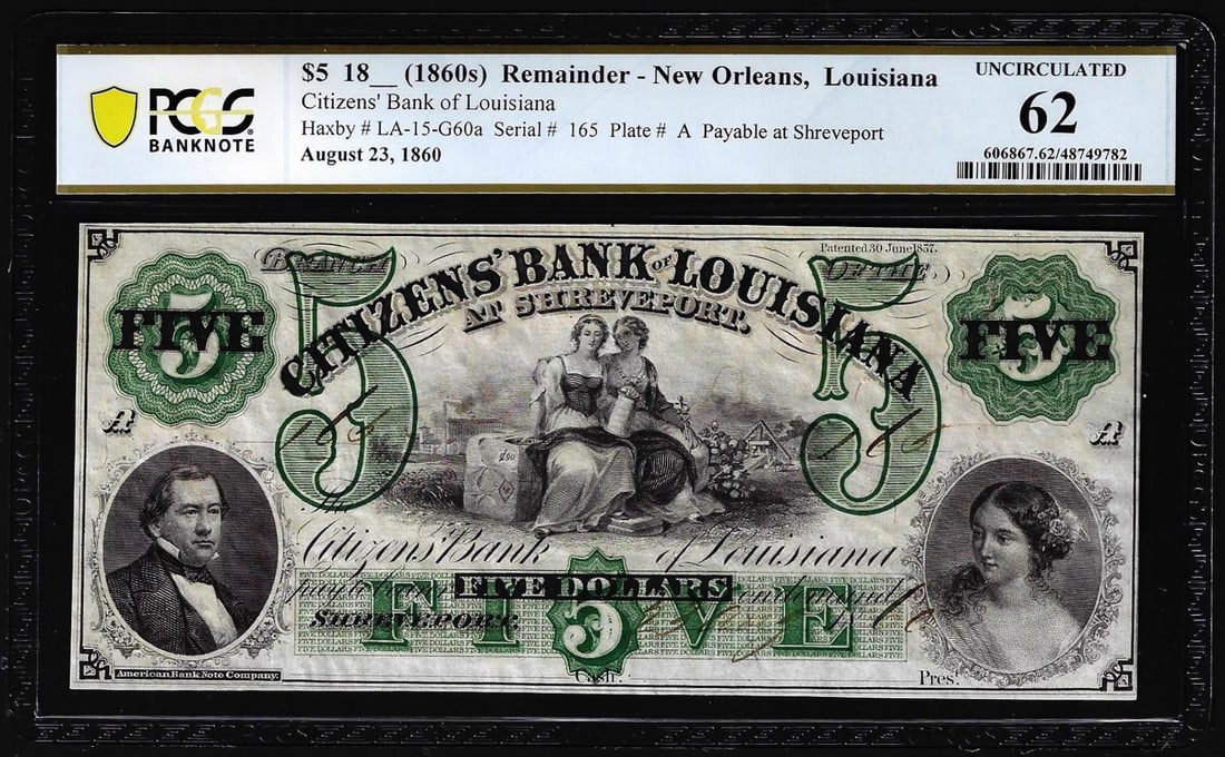 1860's $5 Citizens Bank New Orleans, LA Remainder Obsolete Note PCGS Uncirculated 62: One 1860's $5 Citizens Bank New Orleans, LA Remainder Obsolete Note PCGS Uncirculated 62. PCGS Graded.