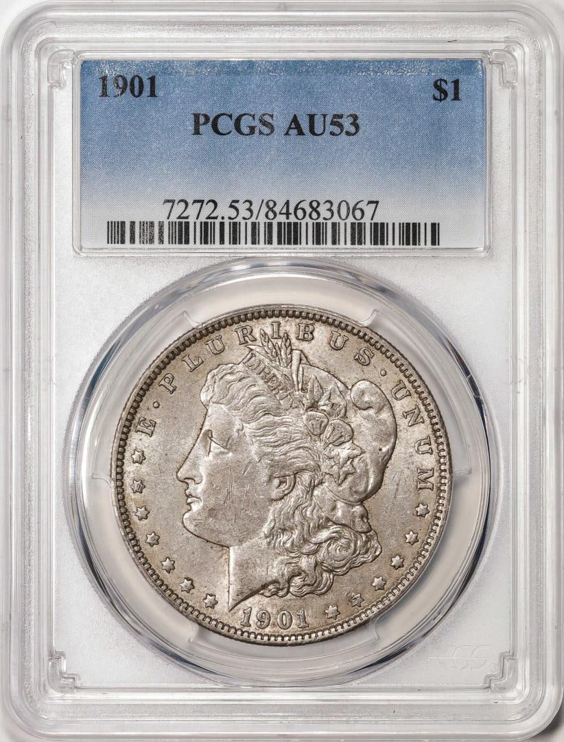 1901 $1 Morgan Silver Dollar Coin PCGS AU53: One 1901 $1 Morgan Silver Dollar Coin PCGS AU53. PCGS Graded.