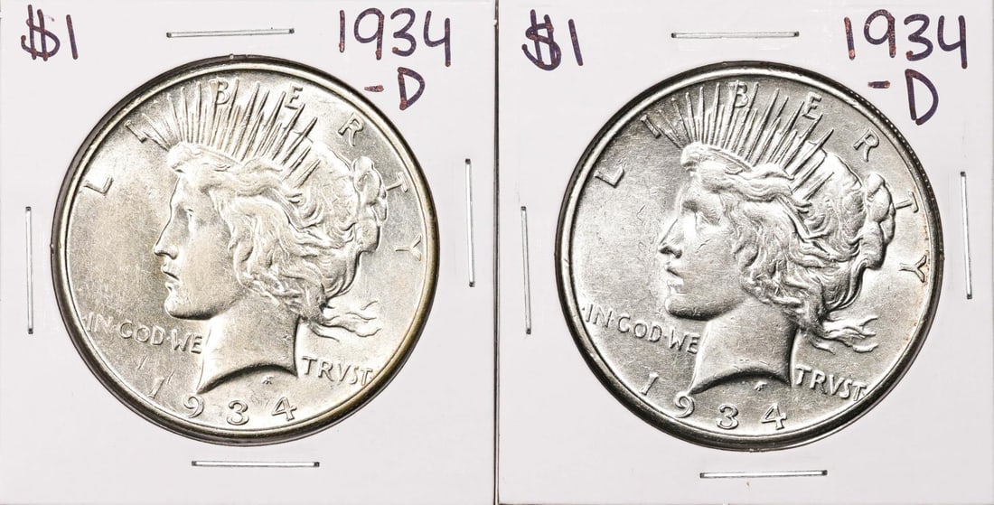Lot of (2) 1934-D $1 Peace Silver Dollar Coins: One Lot of (2) 1934-D $1 Peace Silver Dollar Coins.