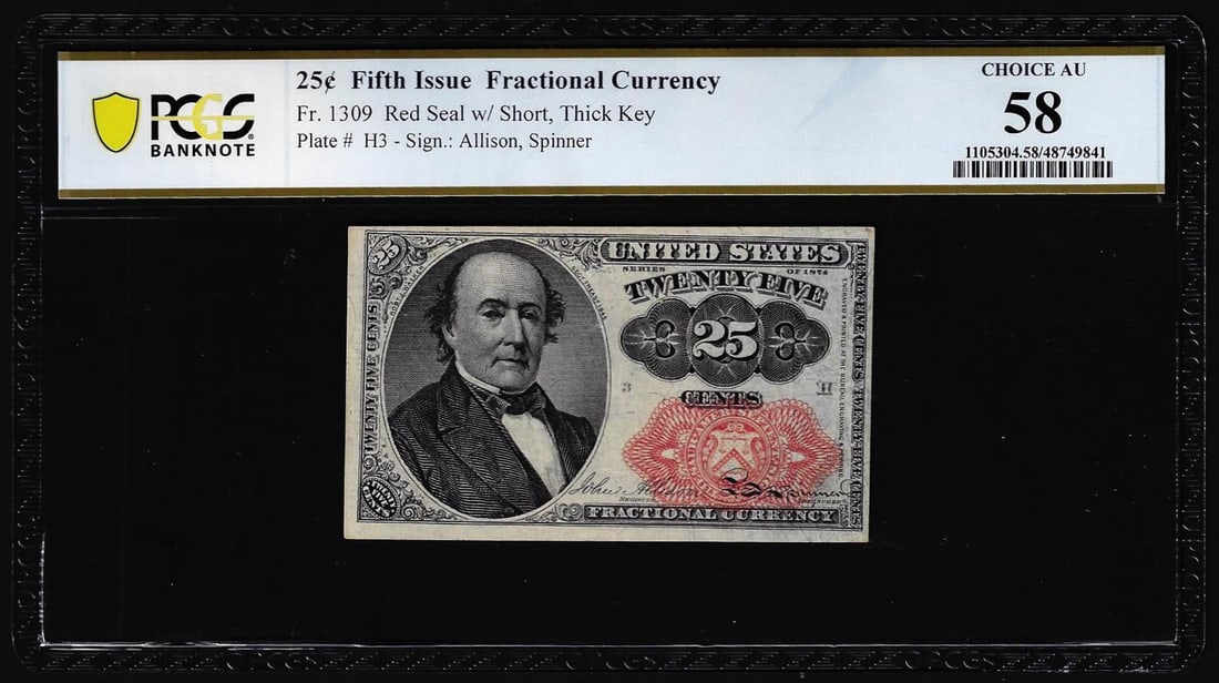 1874 Fifth Issue Twenty-Five Cents Fractional Currency Note Fr.1309 PCGS Choice AU 58: One 1874 Fifth Issue Twenty-Five Cents Fractional Currency Note Fr.1309 PCGS Choice AU 58. PCGS Graded.