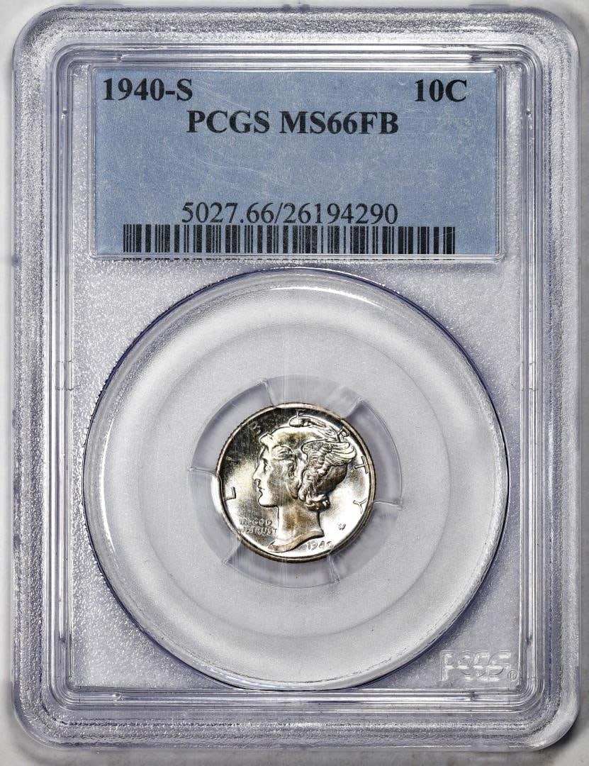 1940-S Mercury Dime Coin PCGS MS66FB: One 1940-S Mercury Dime Coin PCGS MS66FB. PCGS Graded.