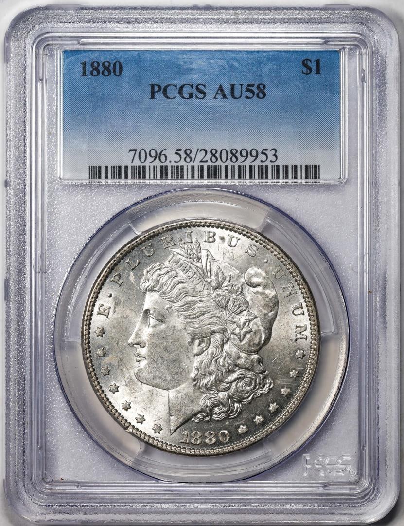 1880 $1 Morgan Silver Dollar Coin PCGS AU58: One 1880 $1 Morgan Silver Dollar Coin PCGS AU58. PCGS Graded.