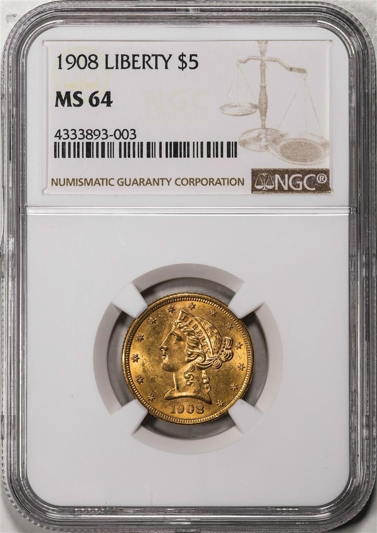 1908 $5 Liberty Head Half Eagle Gold Coin NGC MS64: One 1908 $5 Liberty Head Half Eagle Gold Coin NGC MS64. NGC Certified.