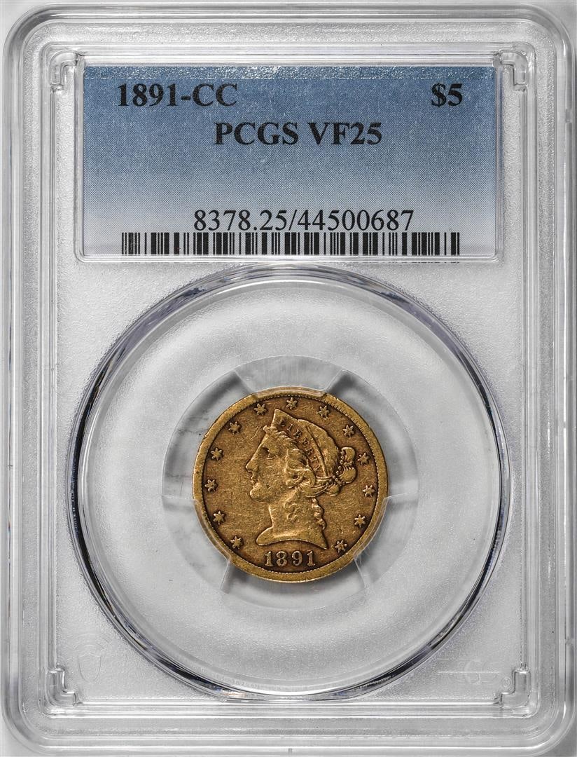 1891-CC $5 Liberty Head Half Eagle Gold Coin PCGS VF25: One 1891-CC $5 Liberty Head Half Eagle Gold Coin PCGS VF25. PCGS Graded.
