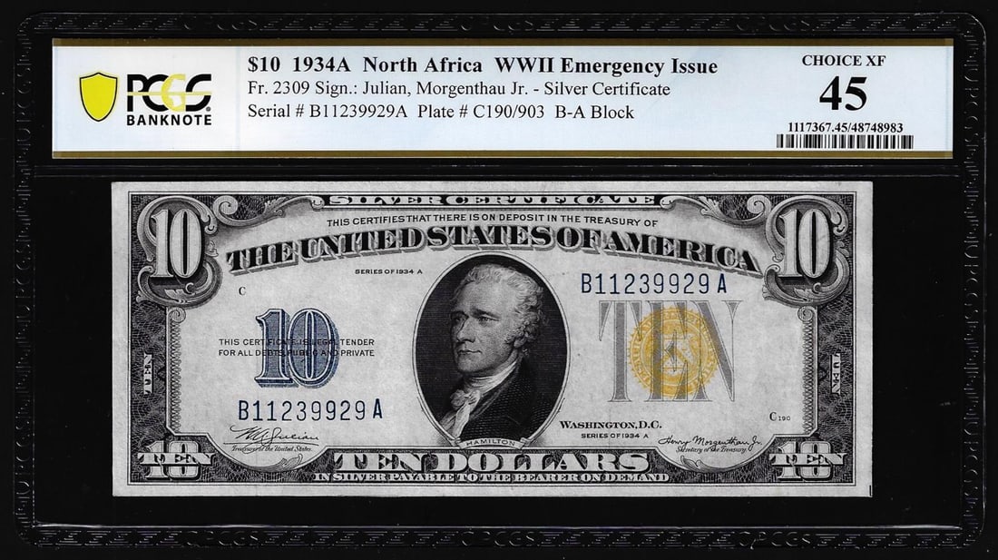 1934A $10 North Africa WWII Emergency Issue Note Fr.2309 PCGS Extremely Fine 45: One 1934A $10 North Africa WWII Emergency Issue Note Fr.2309 PCGS Extremely Fine 45. PCGS Graded.