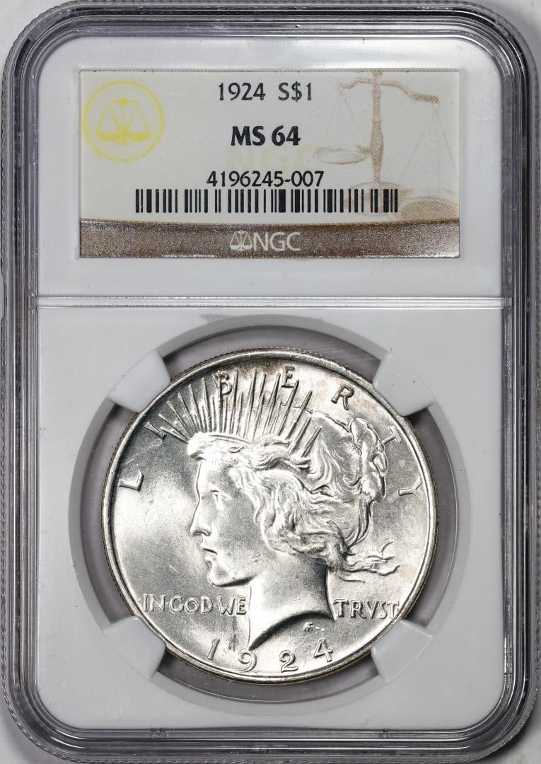1924 $1 Peace Silver Dollar Coin NGC MS64: One 1924 $1 Peace Silver Dollar Coin NGC MS64. NGC Certified.