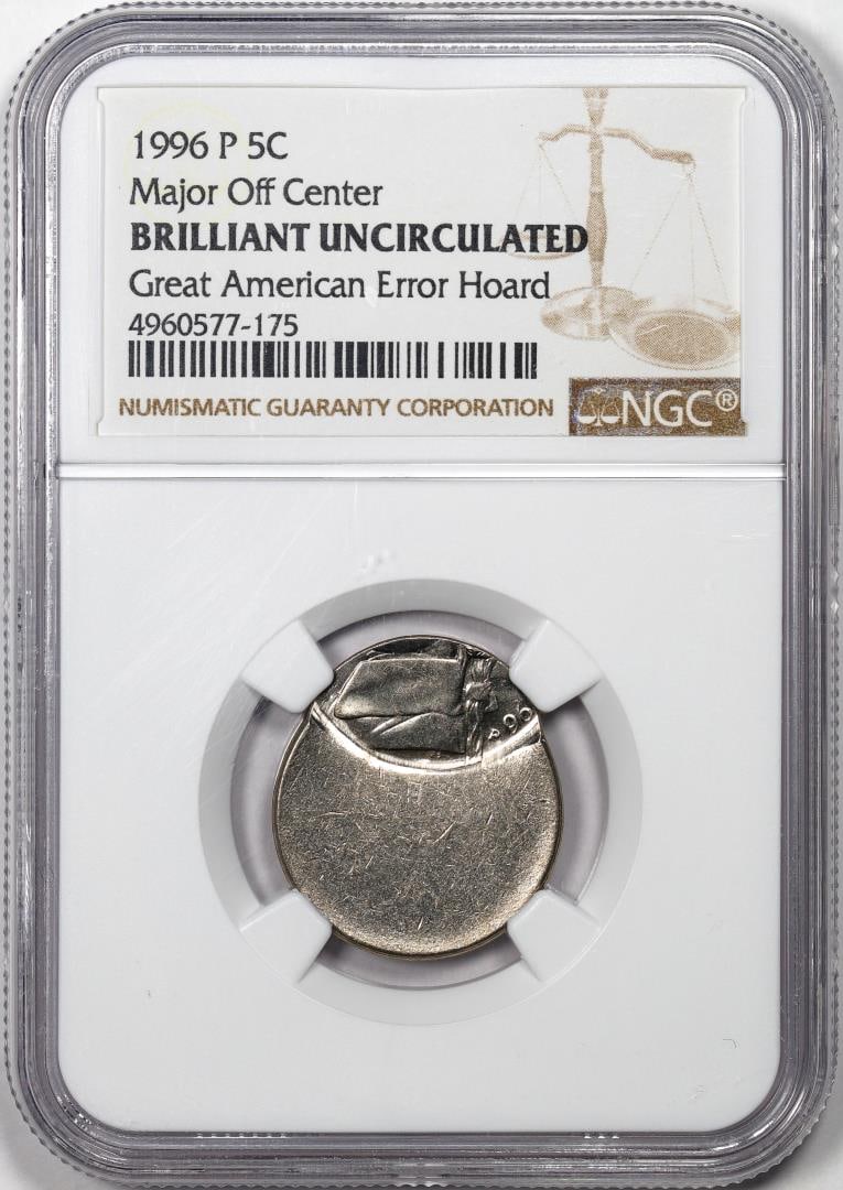 1996-P Jeferson Nickel Coin Error Major Off Center NGC Brilliant Uncirculated: One 1996-P Jeferson Nickel Coin Error Major Off Center NGC Brilliant Uncirculated. NGC Certified.