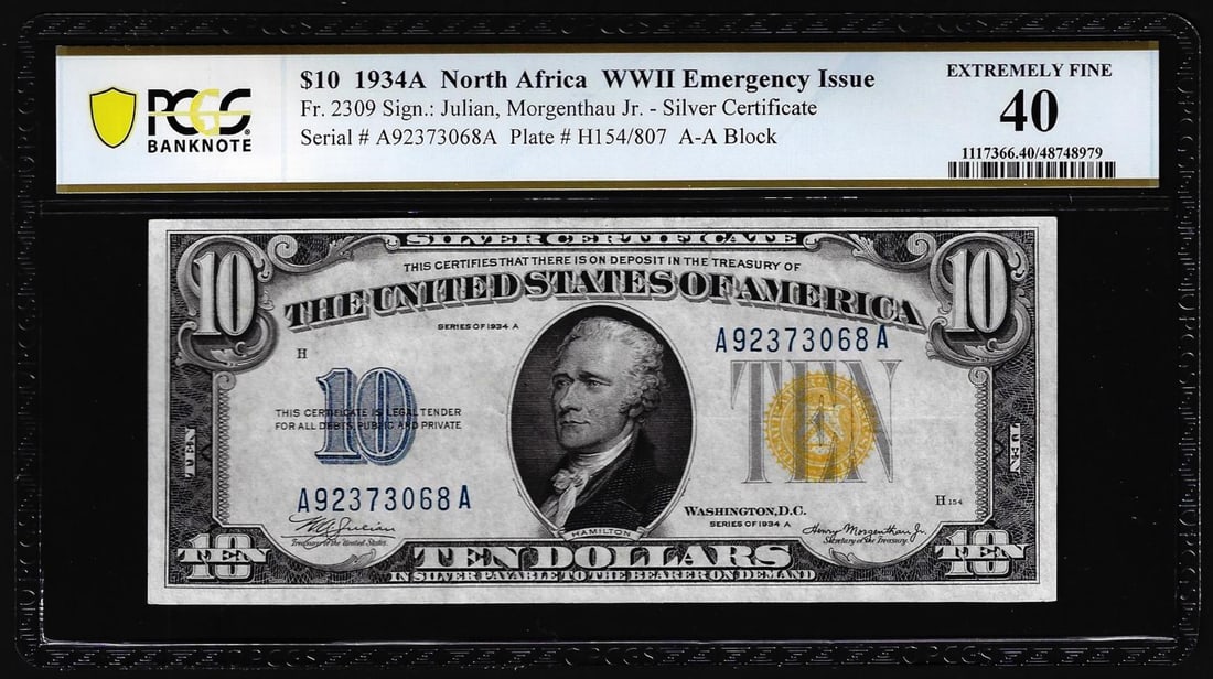 1934A $10 North Africa WWII Emergency Issue Note Fr.2309 PCGS Extremely Fine 40: One 1934A $10 North Africa WWII Emergency Issue Note Fr.2309 PCGS Extremely Fine 40. PCGS Graded.