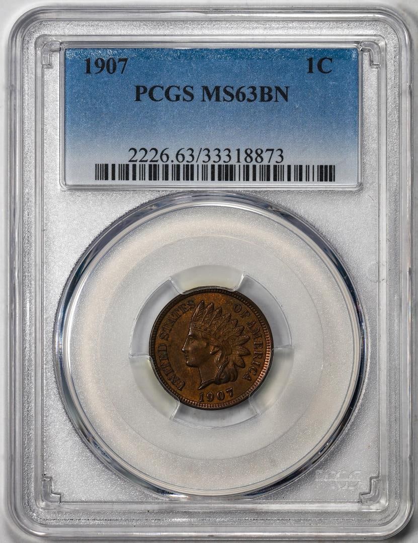 1907 Indian Cent Coin PCGS MS63BN: One 1907 Indian Cent Coin PCGS MS63BN. PCGS Graded.