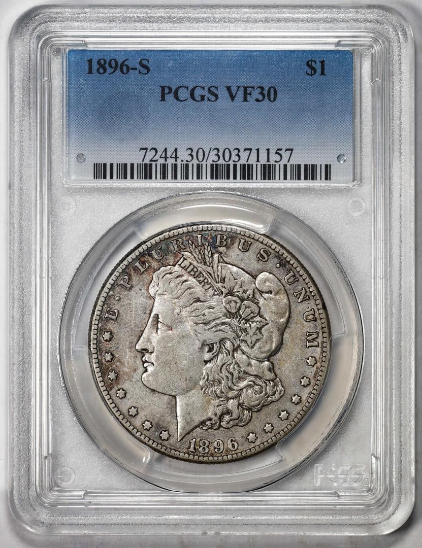 1896-S $1 Morgan Silver Dollar Coin PCGS VF30 Nic Toning: One 1896-S $1 Morgan Silver Dollar Coin PCGS VF30 Nic Toning. PCGS Graded.