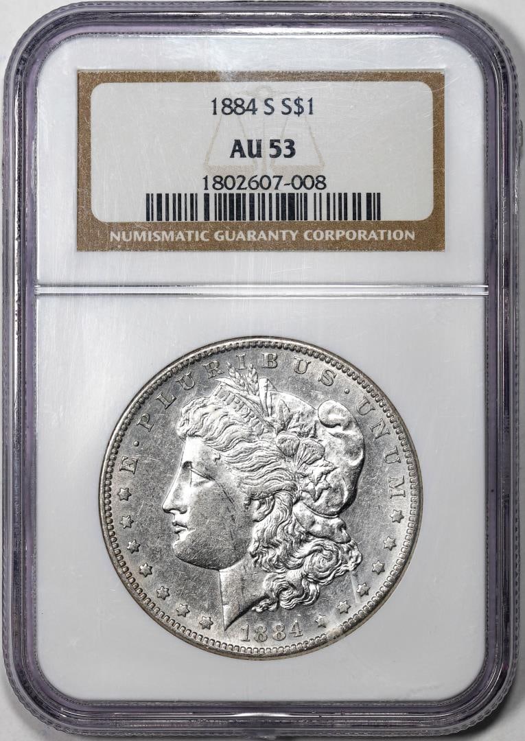 1884-S $1 Morgan Silver Dollar Coin NGC AU53: One 1884-S $1 Morgan Silver Dollar Coin NGC AU53. NGC Certified.