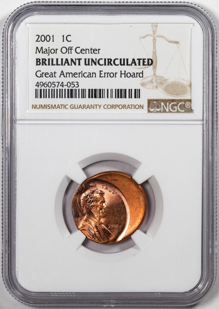 2001 Lincoln Memorial Cent Coin Error Major Off Center NGC Brilliant Uncirculated: One 2001 Lincoln Memorial Cent Coin Error Major Off Center NGC Brilliant Uncirculated. NGC Certified.