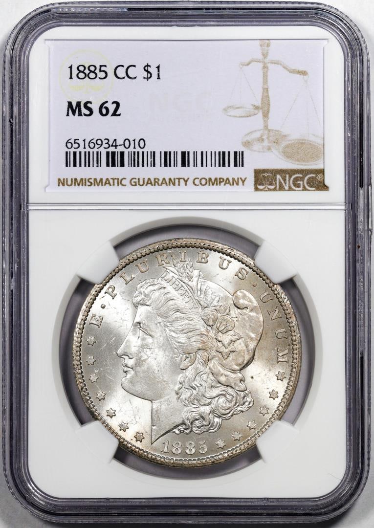 1885-CC $1 Morgan Silver Dollar Coin NGC MS62: One 1885-CC $1 Morgan Silver Dollar Coin NGC MS62. NGC Certified.