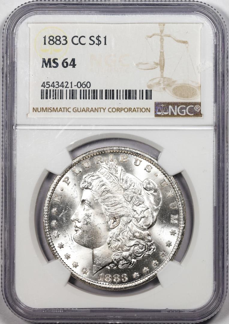 1883-CC $1 Morgan Silver Dollar Coin NGC MS64: One 1883-CC $1 Morgan Silver Dollar Coin NGC MS64. NGC Certified.