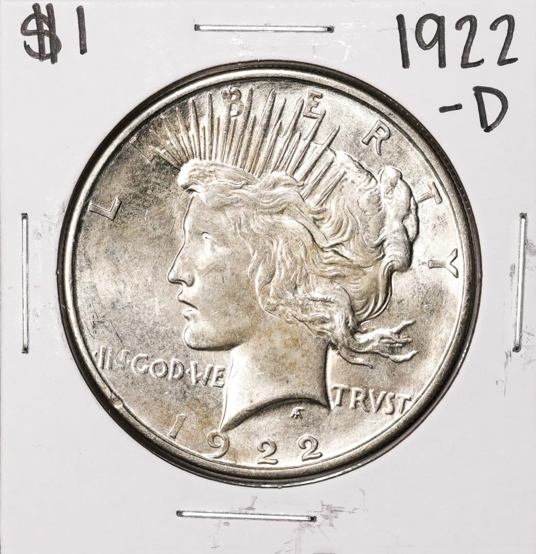 1922-D $1 Peace Silver Dollar Coin: One 1922-D $1 Peace Silver Dollar Coin.