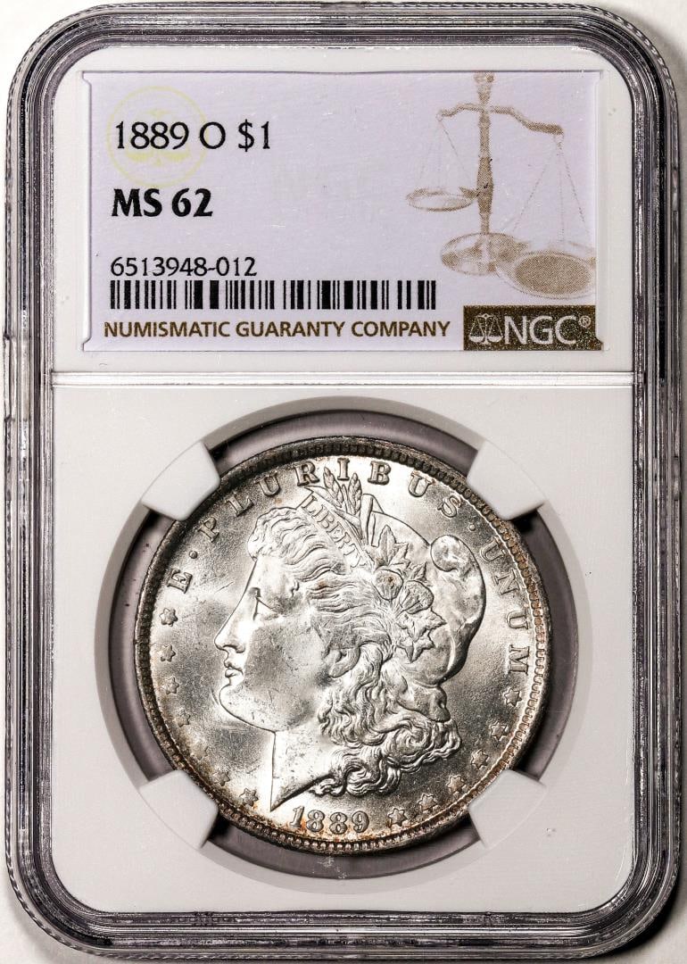 1889-O $1 Morgan Silver Dollar Coin NGC MS62: One 1889-O $1 Morgan Silver Dollar Coin NGC MS62. NGC Certified.