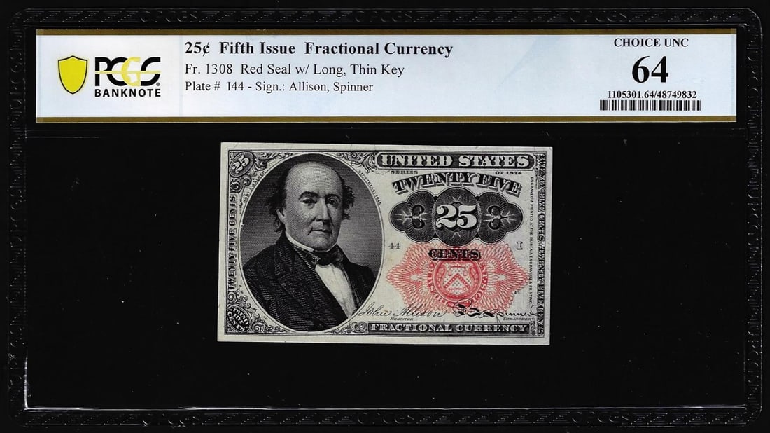 1874 Fifth Issue Twenty-Five Cents Fractional Currency Note Fr.1308 PCGS Choice Unc 64: One 1874 Fifth Issue Twenty-Five Cents Fractional Currency Note Fr.1308 PCGS Choice Unc 64. PCGS Graded.