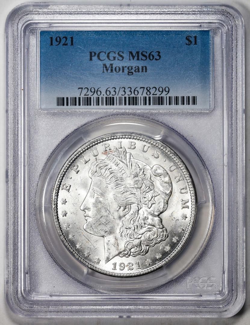 1921 $1 Morgan Silver Dollar Coin PCGS MS63: One 1921 $1 Morgan Silver Dollar Coin PCGS MS63. PCGS Graded.