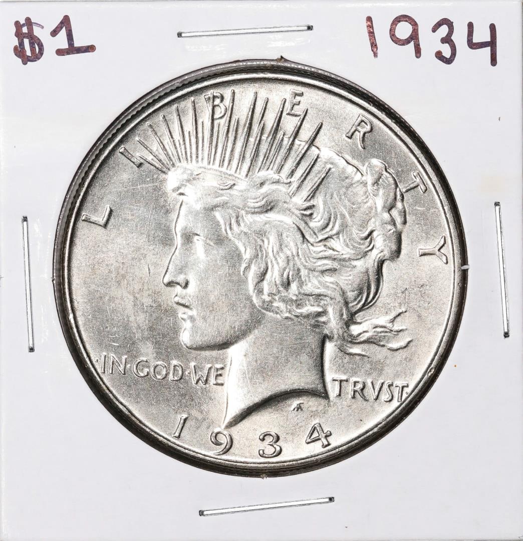 1934 $1 Peace Silver Dollar Coin: One 1934 $1 Peace Silver Dollar Coin.