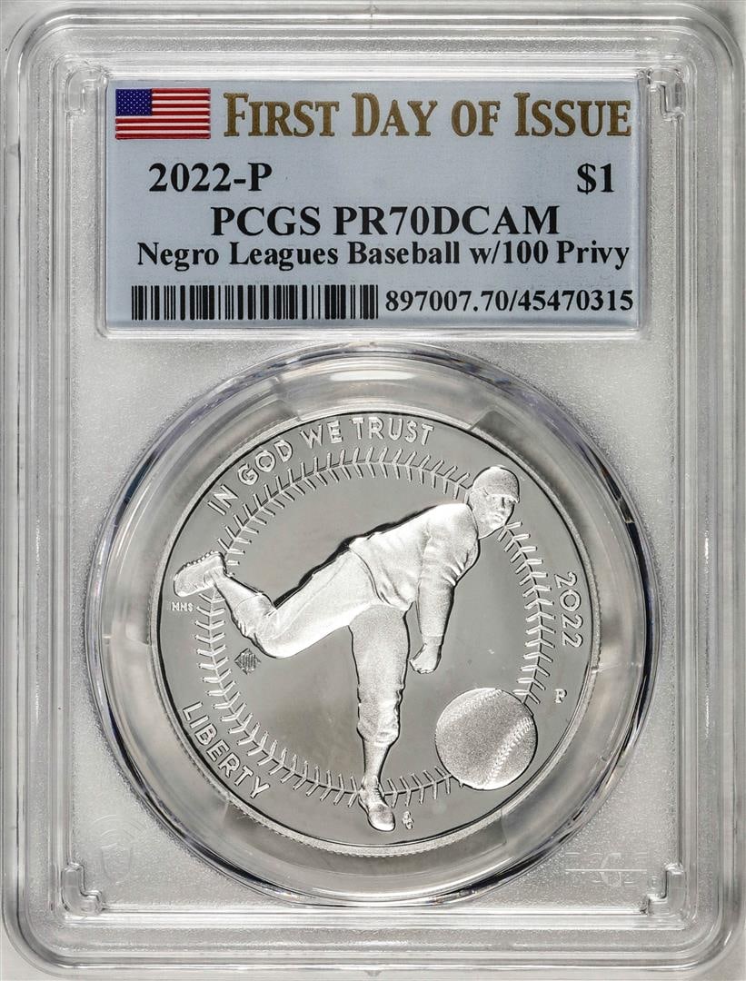 2022-P $1 Proof Negro Leagues Baseball Silver Dollar Coin PCGS PR70DCAM FDOI: One 2022-P $1 Proof Negro Leagues Baseball Silver Dollar Coin PCGS PR70DCAM FDOI. PCGS Graded.