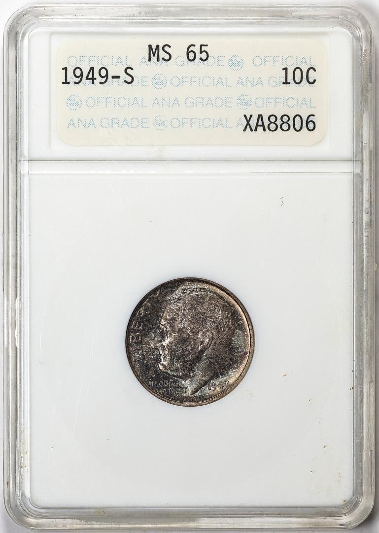 1949-S Roosevelt Dime Coin ANA MS65 Old Soapbox Holder: One 1949-S Roosevelt Dime Coin ANA MS65 Old Soapbox Holder. ANA Graded.