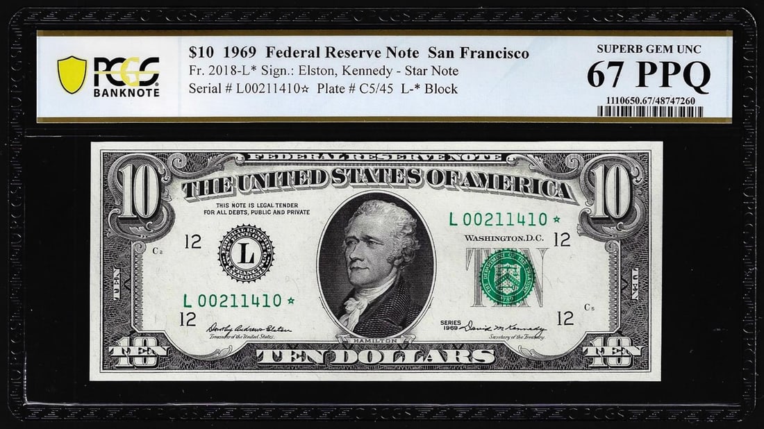 1969 $10 Federal Reserve STAR Note Fr.2018-L* PCGS Superb Gem Unc 67PPQ Top Pop: One 1969 $10 Federal Reserve STAR Note Fr.2018-L* PCGS Superb Gem Unc 67PPQ Top Pop. PCGS Graded.